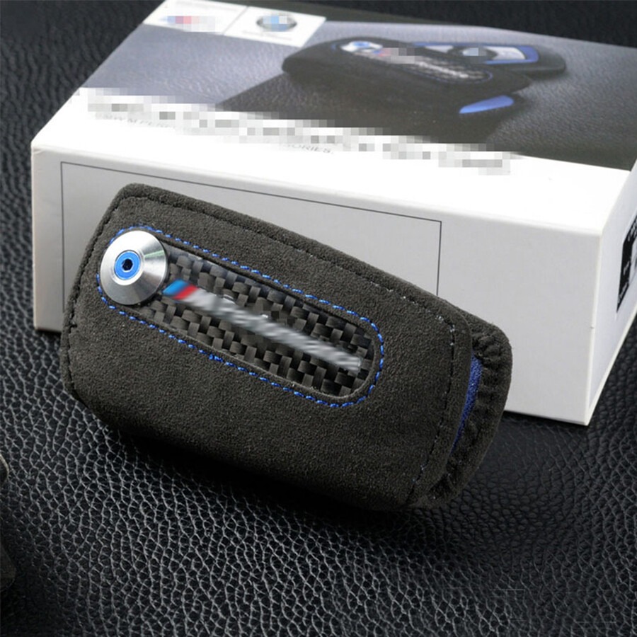 Blue M Performance Carbon Fiber Suede Leather Key Case Bag Fob Holder For BMW
