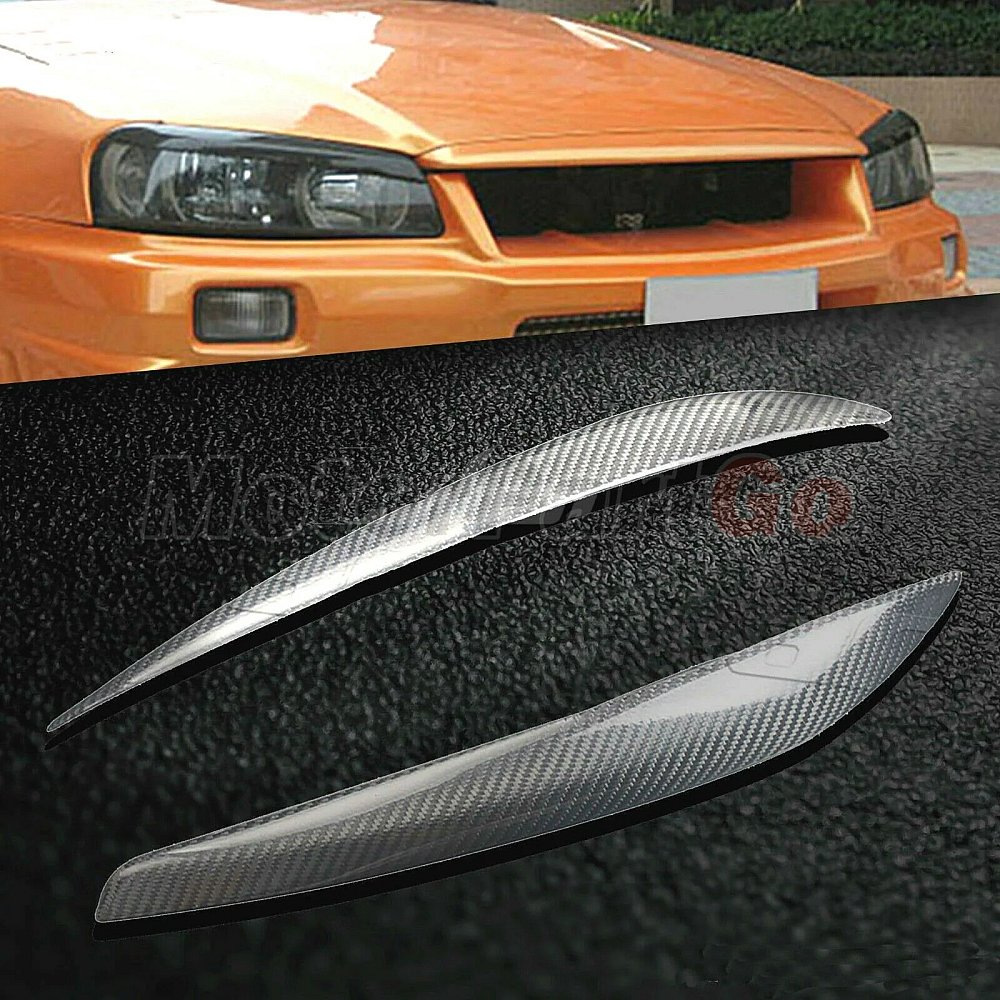 Real Carbon Fiber Head light Eyelid Eyebrow Cover Trim 1pair for  Nissan Skyline GTR GT-T R34  1999-2002 T213