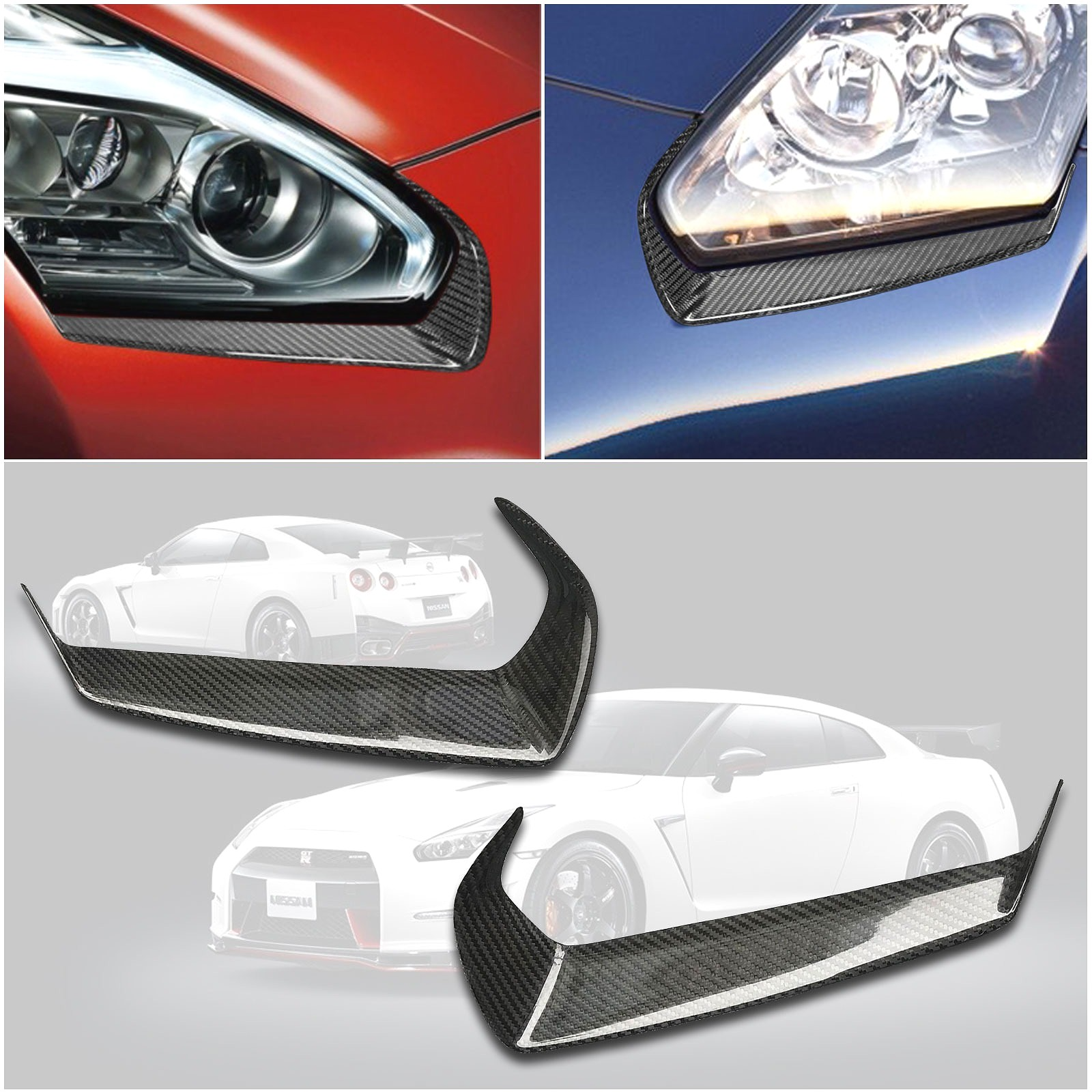 Real Carbon Fiber Eyebrow Eyelid Headlight Cover Trim For Nissan GTR R35 2008-16