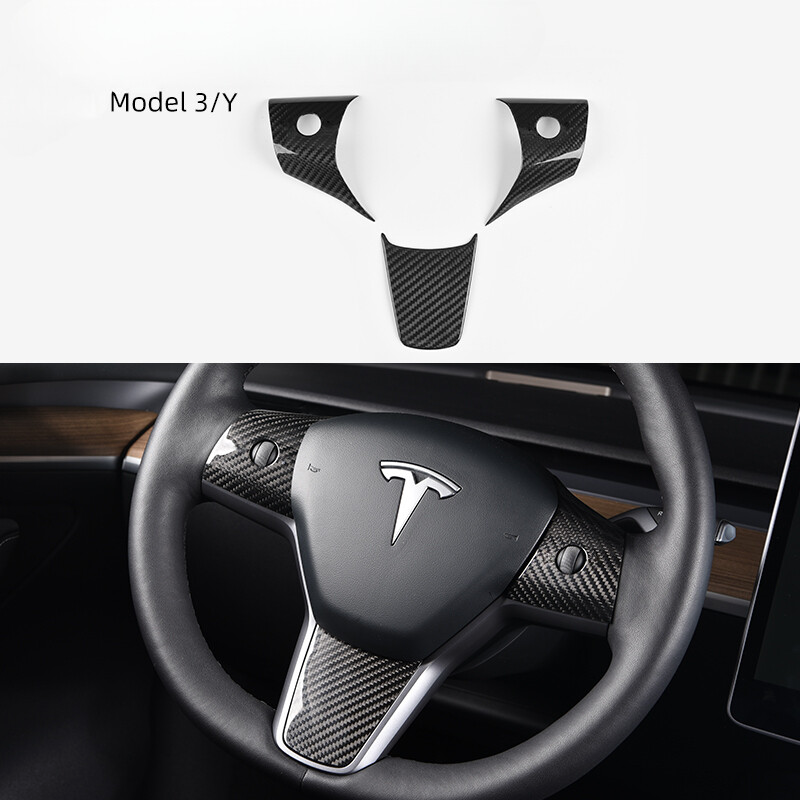 GLOSSY CARBON FIBER STEERING WHEEL TRIM COVERS FOR 17-21 TESLA MODEL 3 & MODEL Y